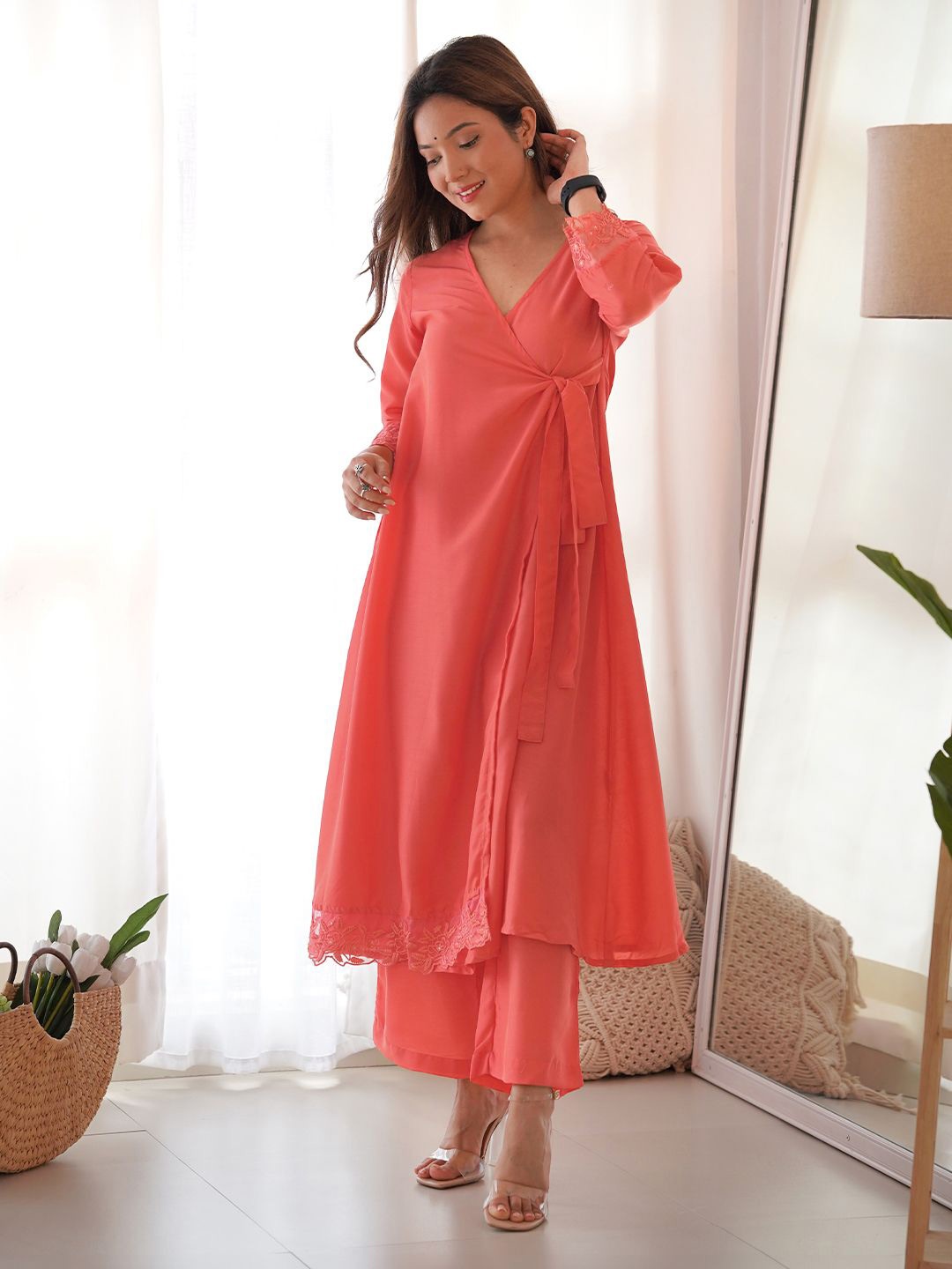 

Janasya Women Muslin Self Design Angrakha Kurta Set, Peach