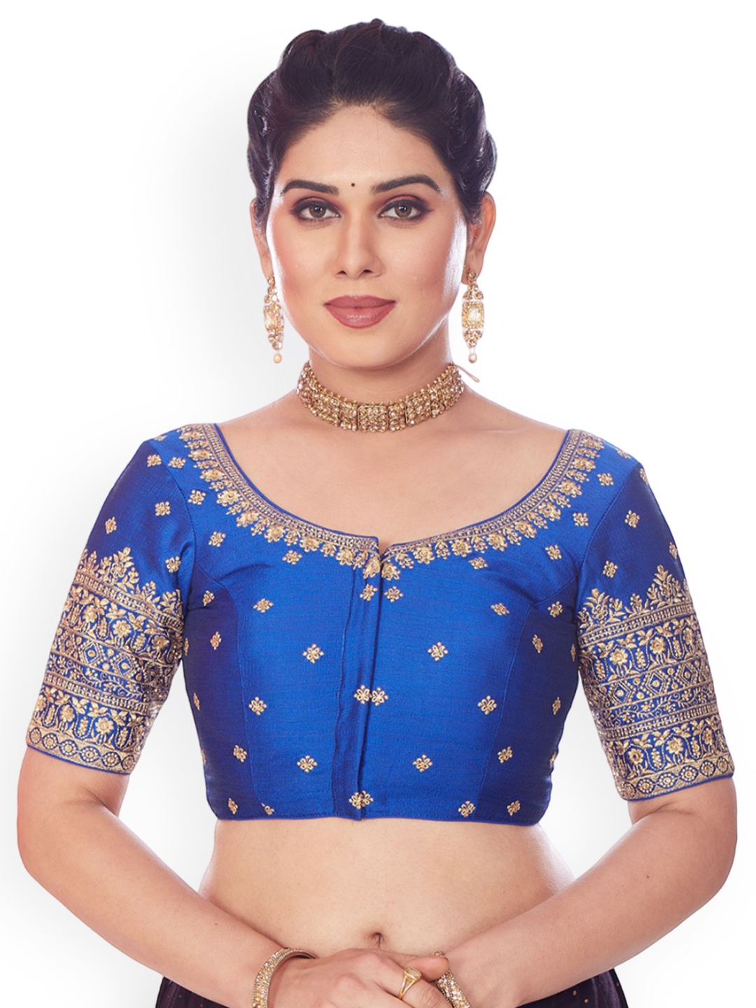 

Mmore Embroidered Padded Saree Blouse, Blue