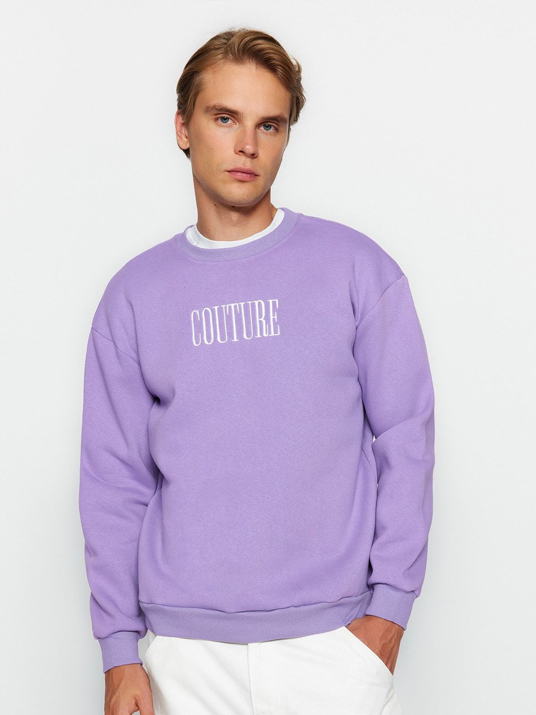 

Trendyol Men Typography Printed Round Neck Pullover Sweatshirt, Purple