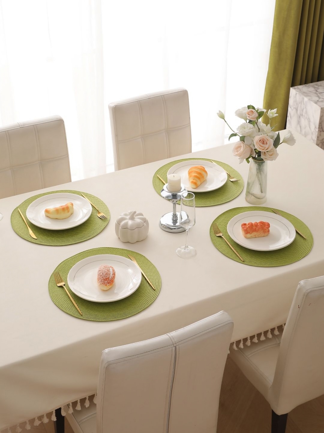 

HOKIPO 4-Pcs Lime-Green Textured Round Table Placemats