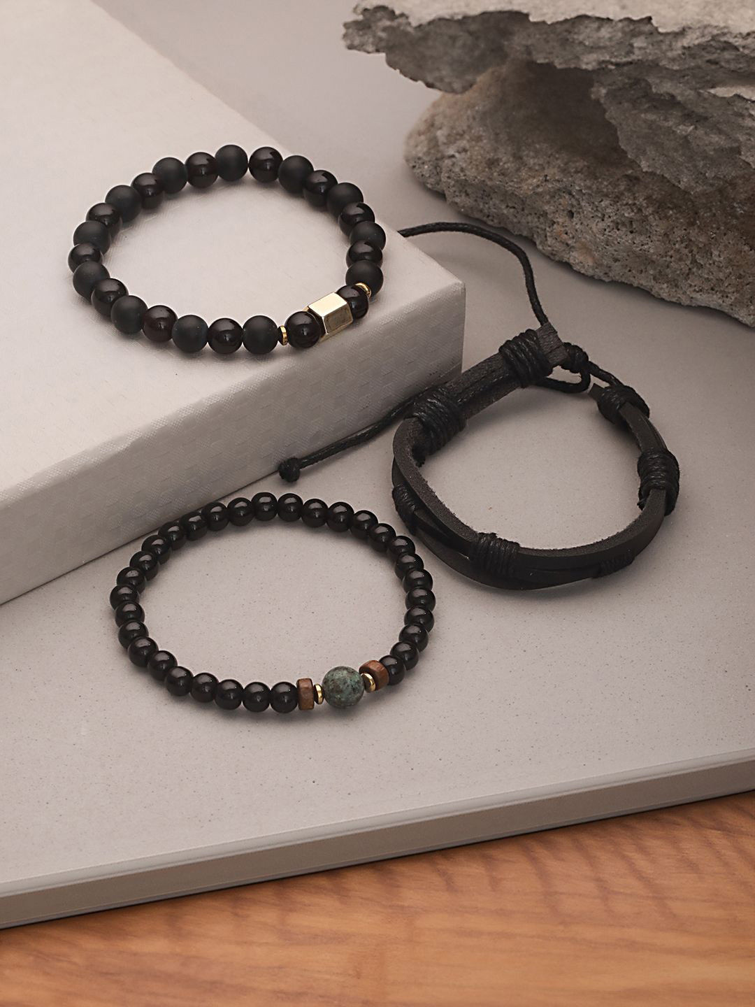 

Jazz and Sizzle Men Set of 3 Beaded Elasticated Bracelet, Black