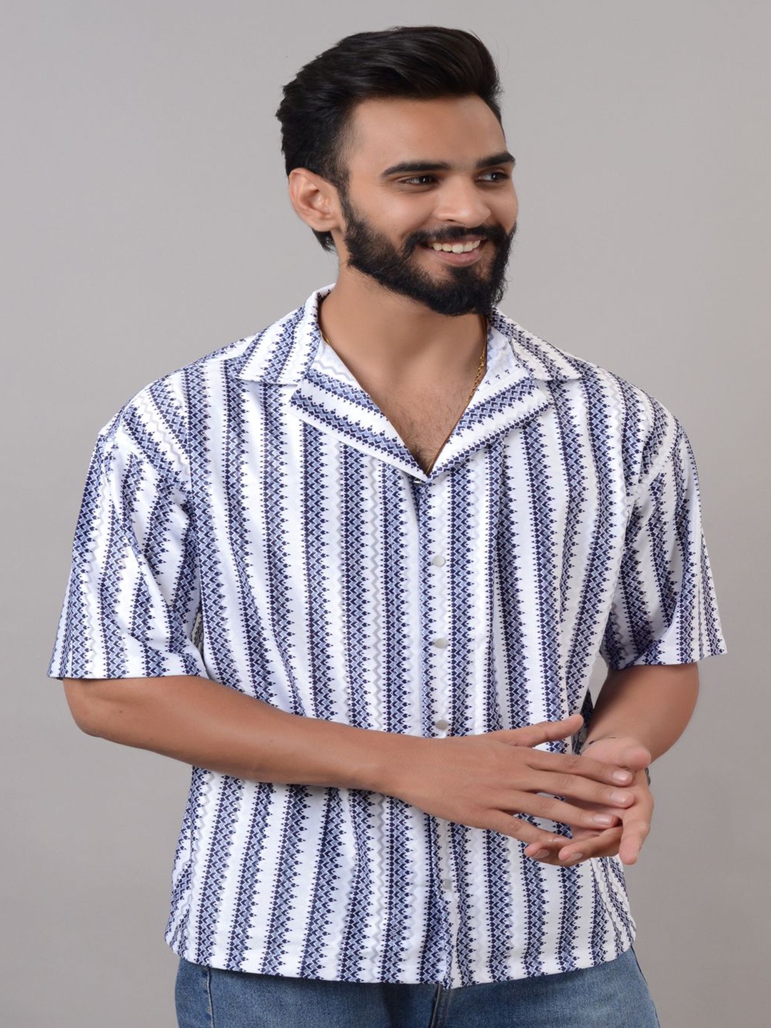 

VILLAIN Men Relaxed Opaque Striped Casual Shirt, Blue