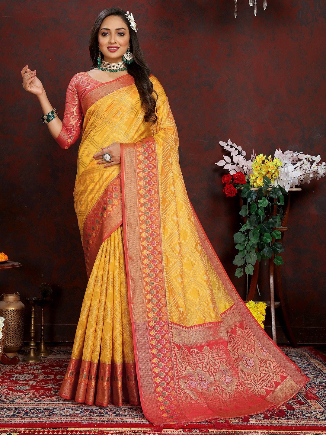 

Zeekha Woven Design Zari Pure Silk Kanjeevaram Saree, Mustard