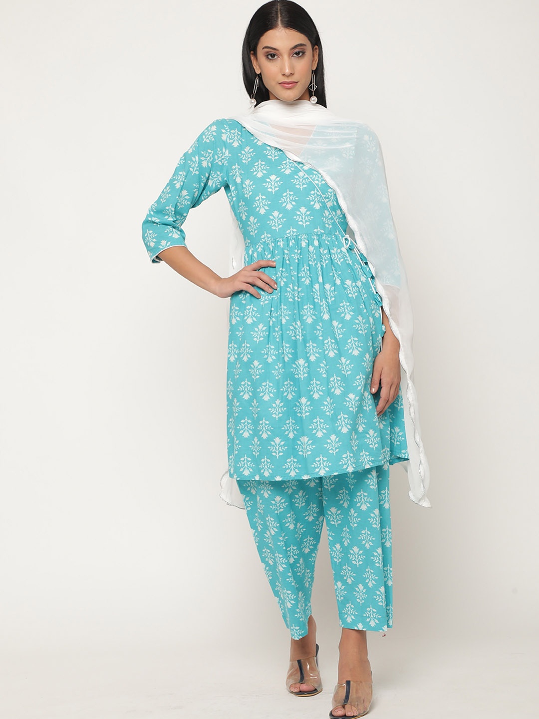 

VIRAGO Floral Printed Pure Cotton Anarkali Kurta & Trousers With Dupatta, Blue