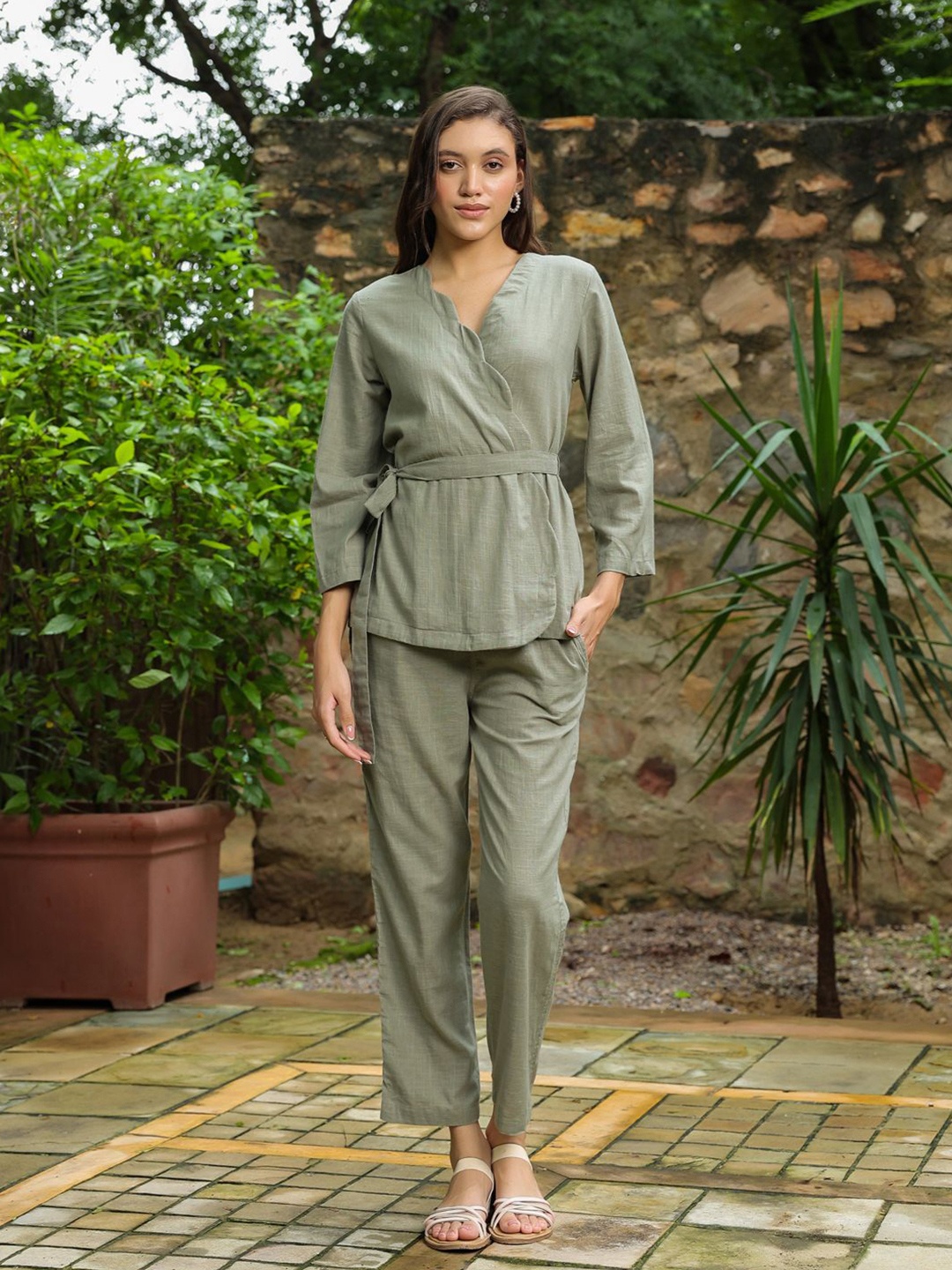

SANSKRUTIHOMES Pure Cotton Long Sleeves Top & Trouser Co-Ords, Olive