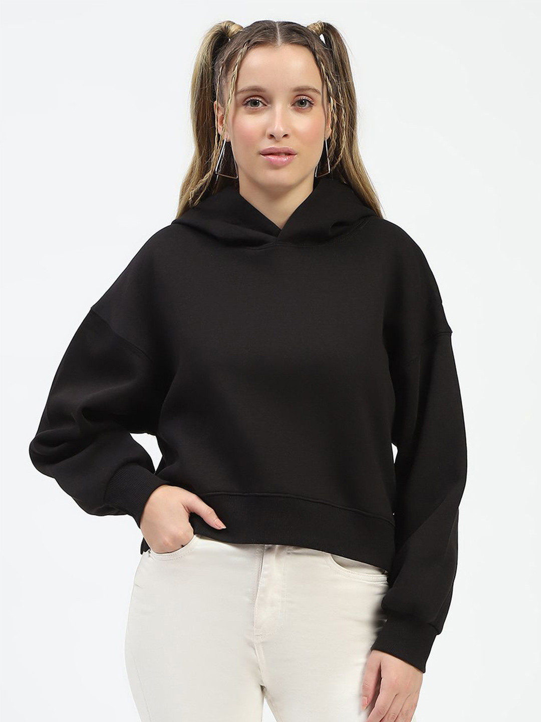 

Madame Women Solid Hood Cotton Pullover Sweatshirt, Black