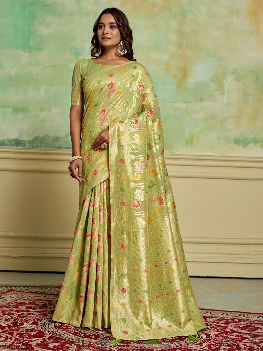 

KAYOMMI Ethnic Motifs Zari Pure Cotton Banarasi Saree, Green