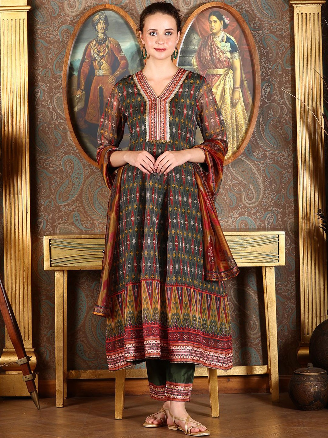 

W Women Printed Regular Kurta with Trousers & With Dupatta, Green