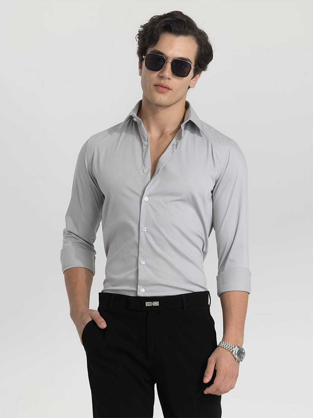 

Snitch Men Smart Slim Fit Opaque Formal Shirt, Grey