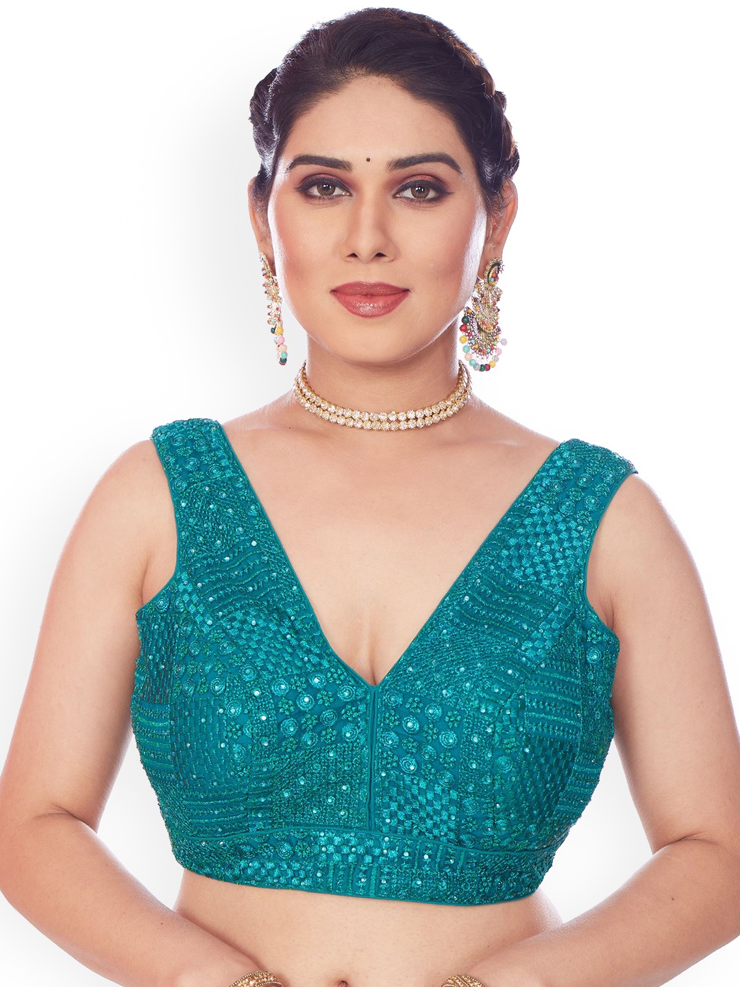 

Mmore Embroidered Saree Blouse, Teal