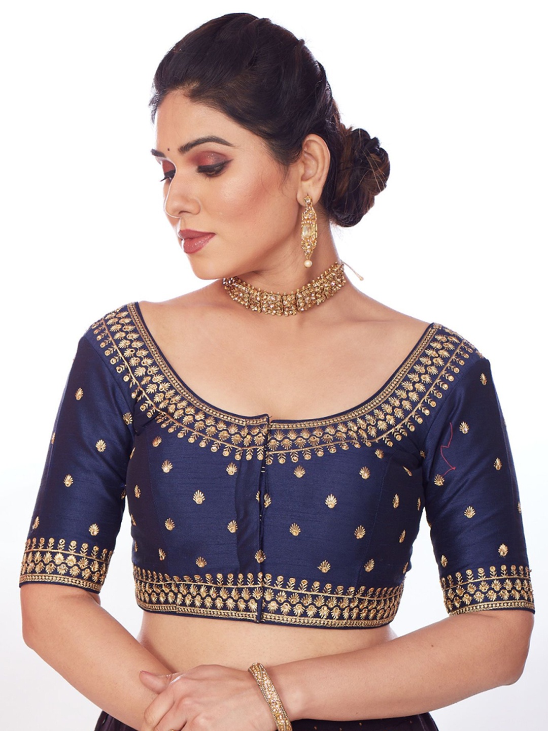 

Mmore Embroidered Padded Saree Blouse, Navy blue