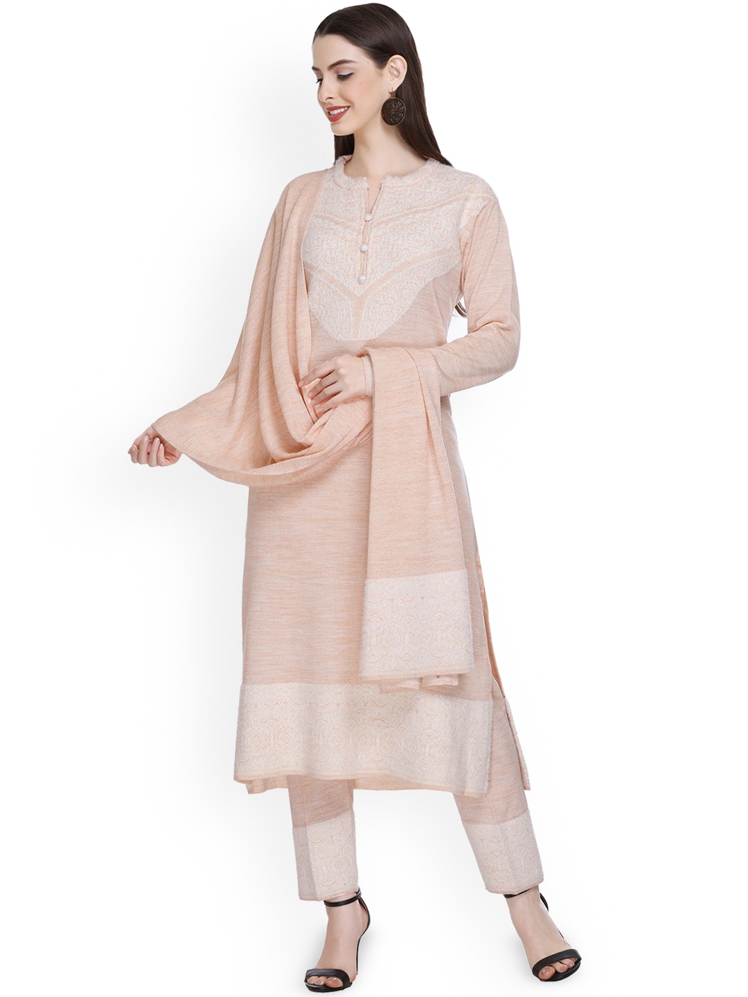 

MONTREX Floral Yoke Design Thread Work Kurta with Trousers & Dupatta, Peach