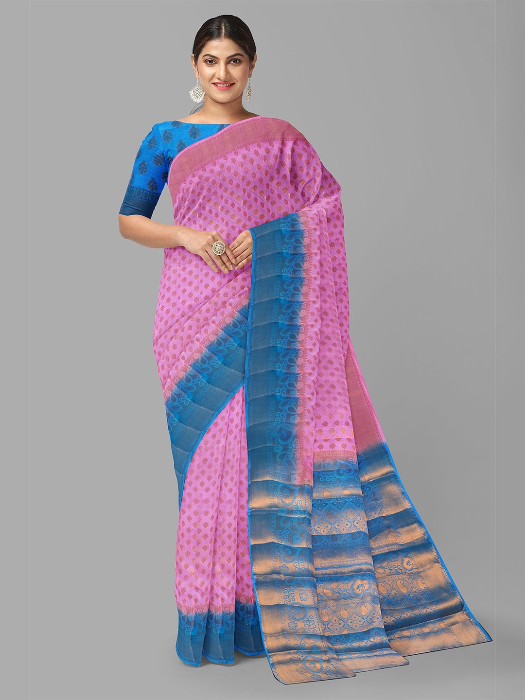

The Chennai Silks Woven Design Floral Zari Jute Cotton Saree, Pink