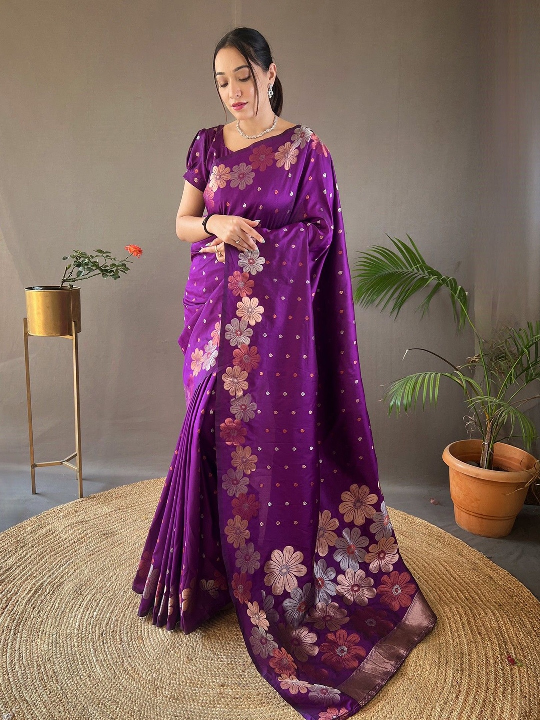 

KSM PRINTS Woven Design Zari Pure Silk Banarasi Saree, Purple