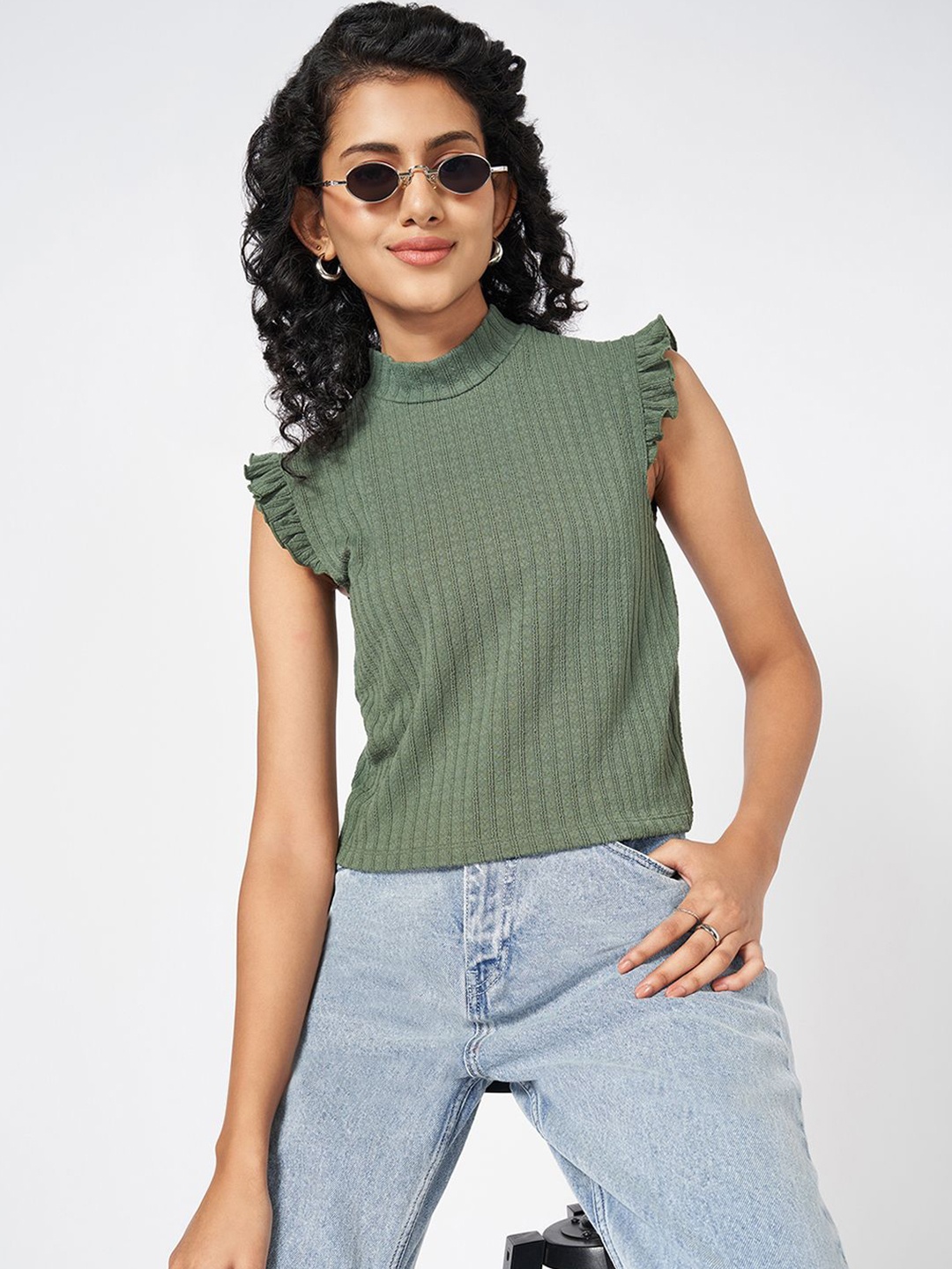 

People Women Self Design Round Neck Top, Olive