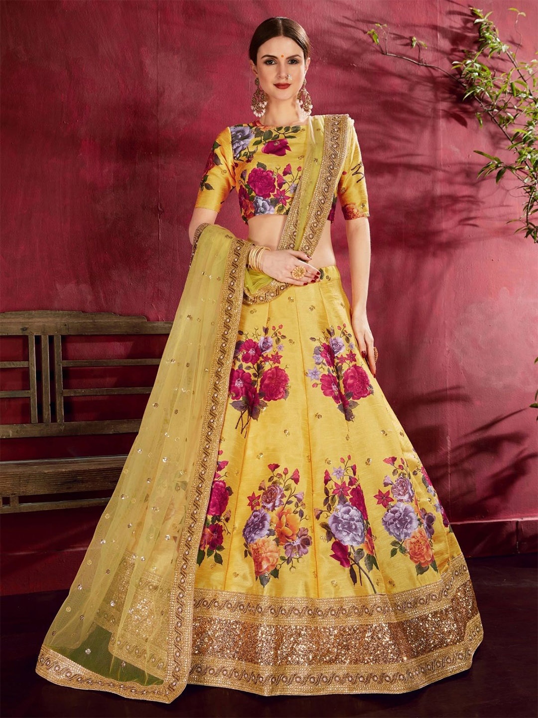 

ODETTE Printed Thread Work Semi-Stitched Lehenga & Blouse With Dupatta, Yellow