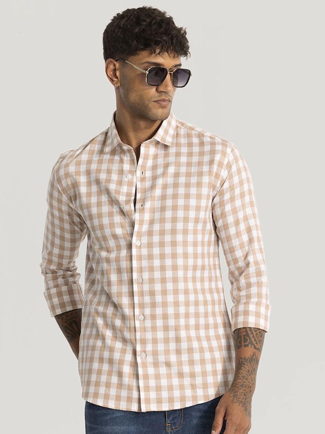 

Snitch Men Smart Slim Fit Opaque Checked Casual Shirt, Beige