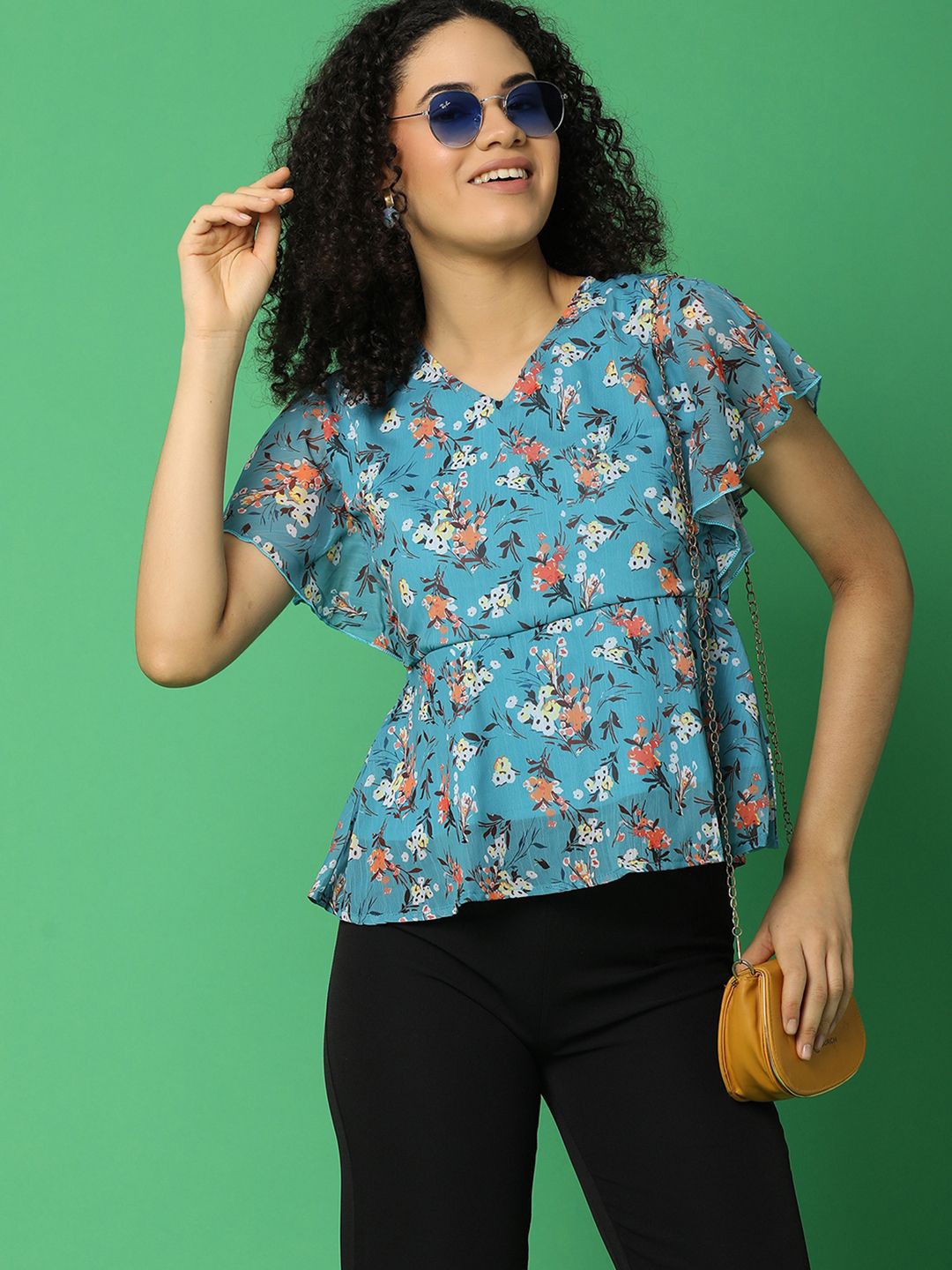 

UNLIMITED Women Floral Printed V-Neck Cotton Top, Teal