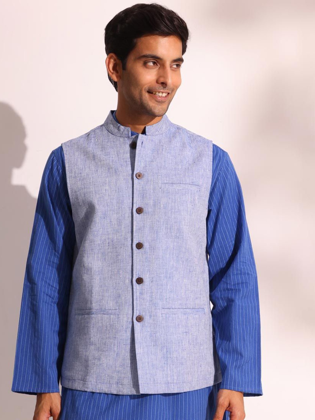 

Fabindia Woven Design Nehru Jackets, Blue