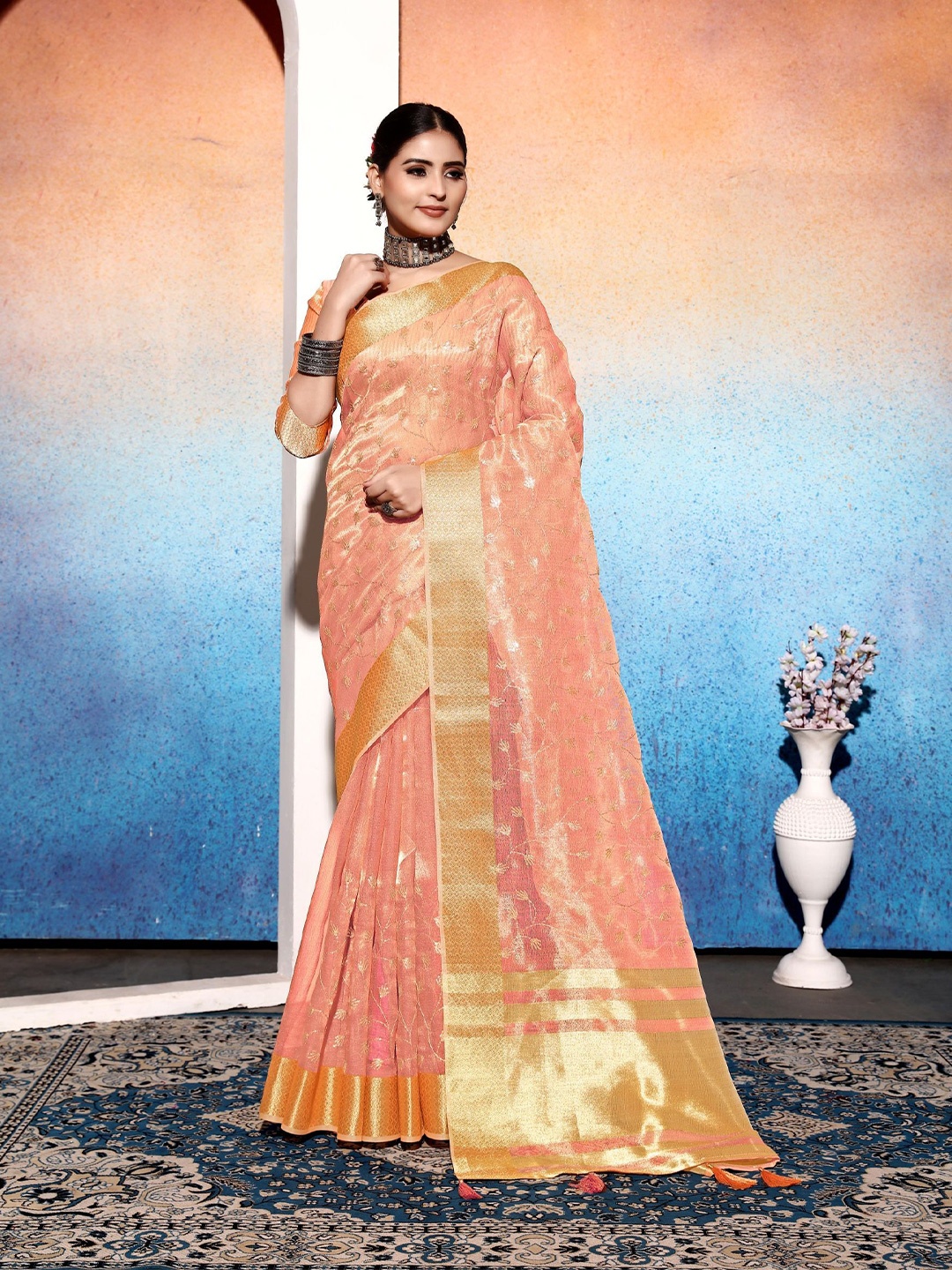 

VIRICA Paisley Embroidered Saree, Orange