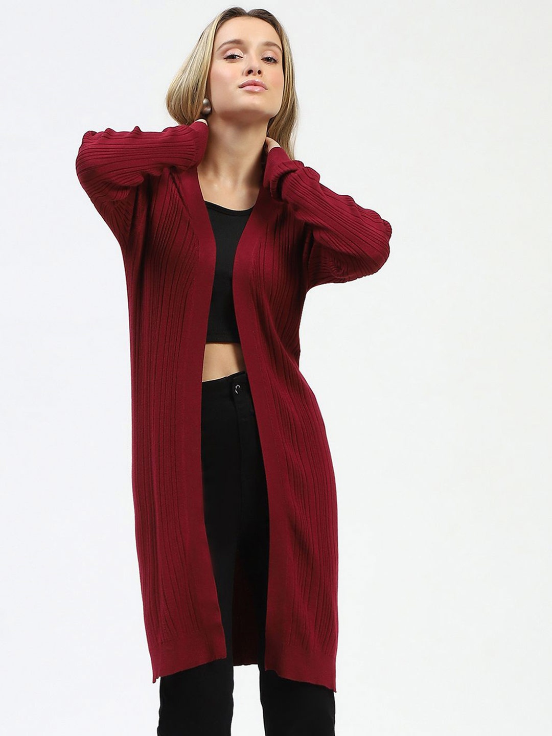 

Madame Striped Open Front Longline Shrug, Maroon