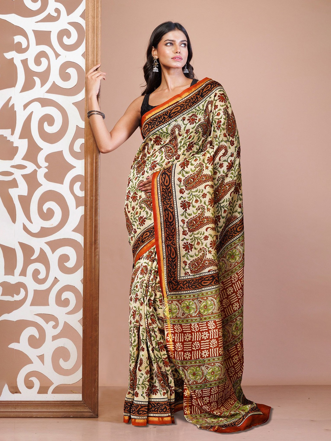 

Unnati Silks Kalamkari Printed Zari Handloom Chanderi Saree, Cream