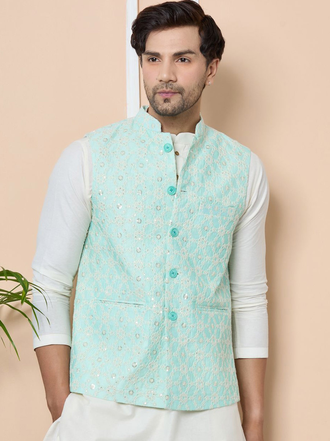 

See Designs Embroidered Pure Cotton Nehru Jackets, Blue