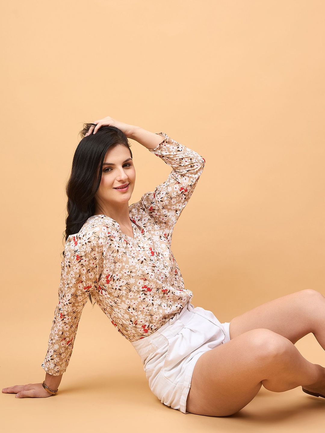 

NEESH Women Floral Printed V-Neck Top, Beige