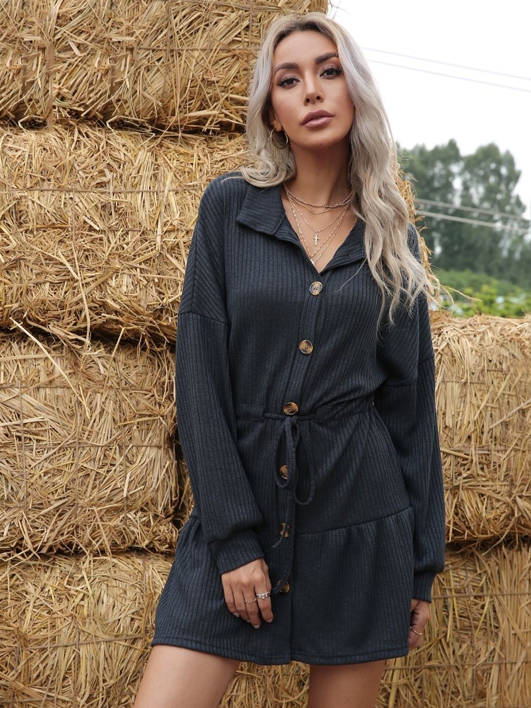 

KPOP Women Puff Sleeve A-Line Dress, Blue