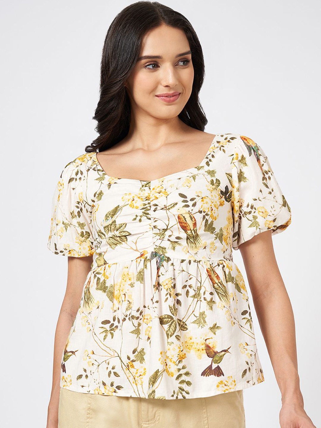 

Honey by Pantaloons Women Floral Printed Sweetheart Neck Cotton Top, Off white