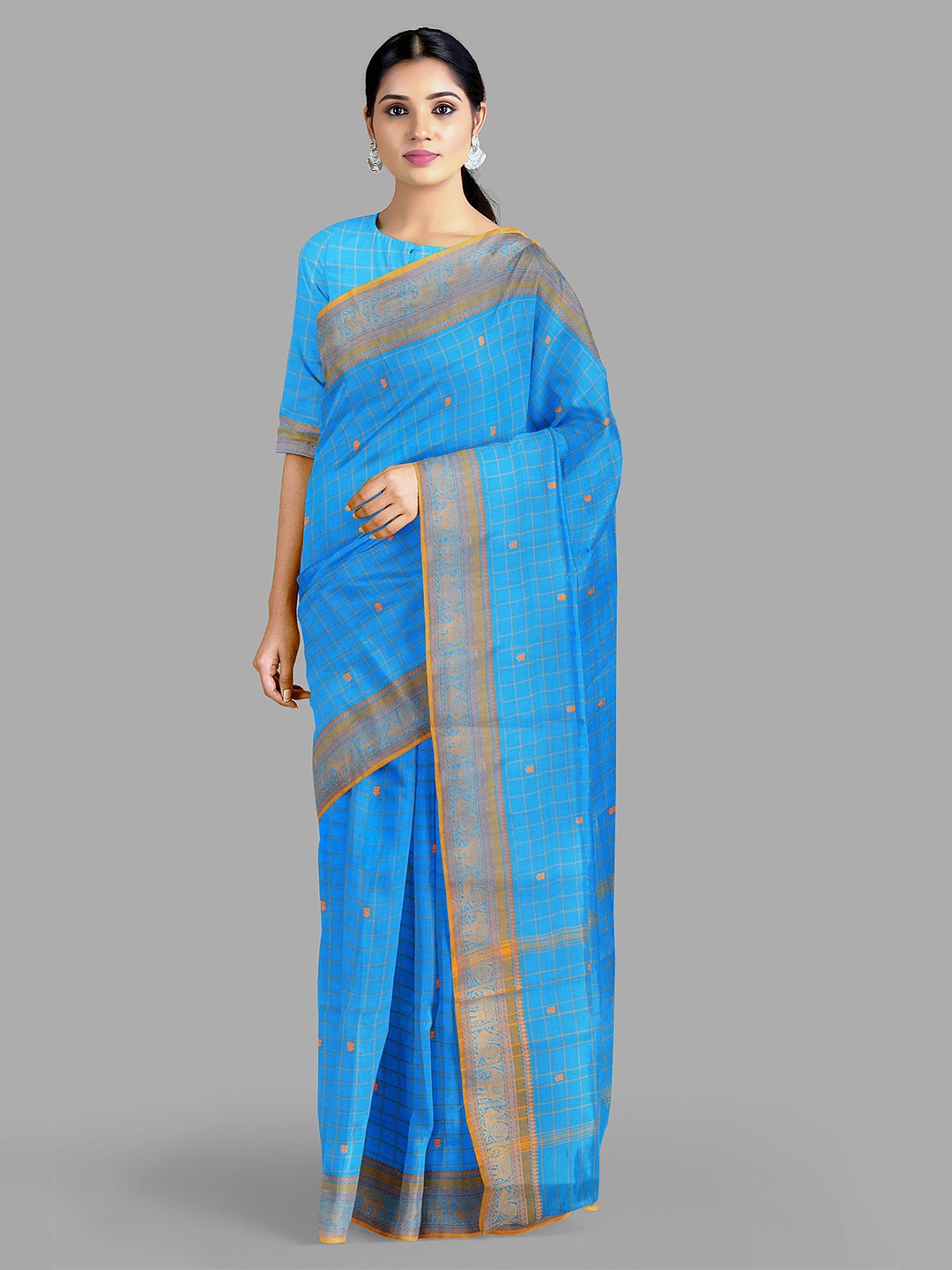 

The Chennai Silks Checked Zari Pure Cotton Chettinad Saree, Blue