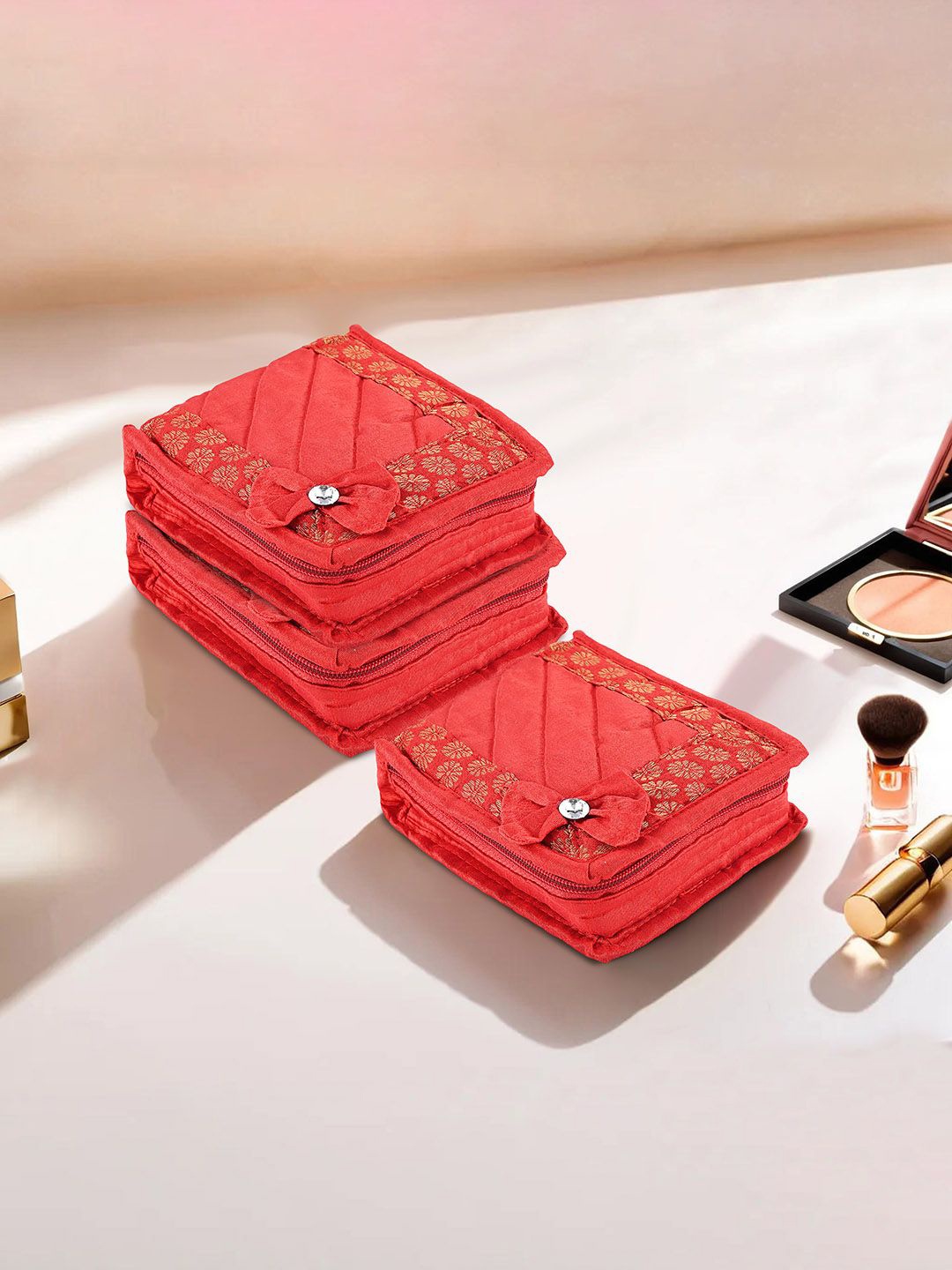 

Kuber Industries Red Set of 3 Pieces Printed Jewellery Organisers