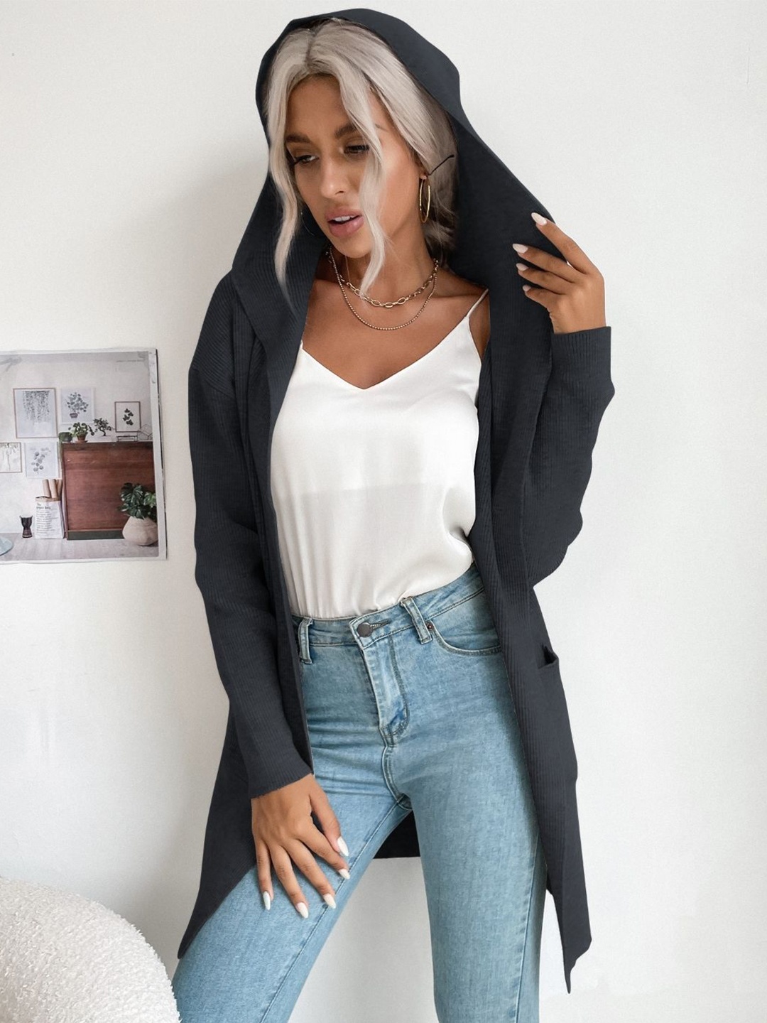 

KPOP Women Longline Cardigan, Black