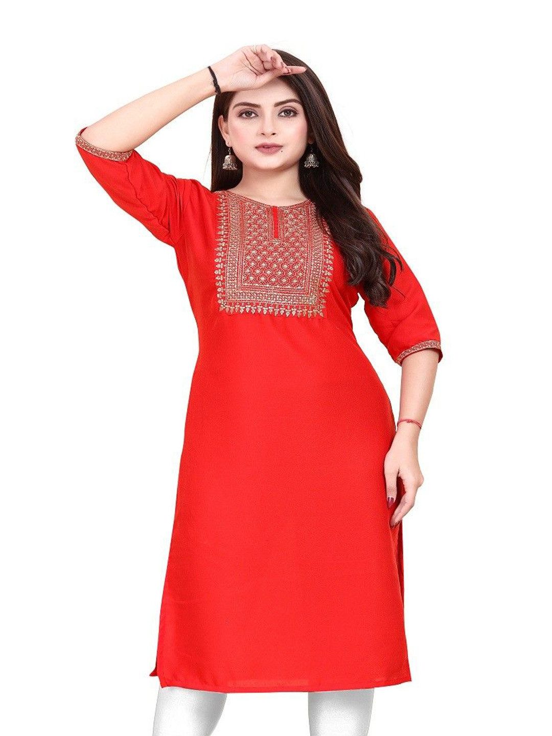 

AKK ENTERPRISE Women Yoke Embrodoiry Straight Kurtas, Red