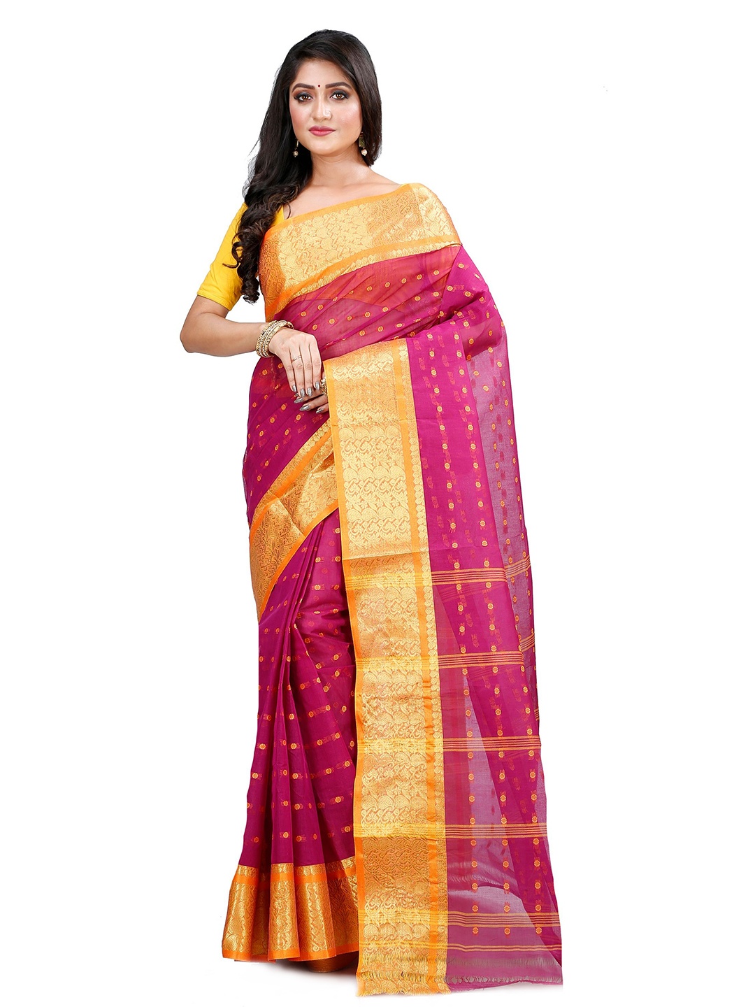 

DipDiya Woven Design Zari Pure Cotton Taant Saree, Maroon