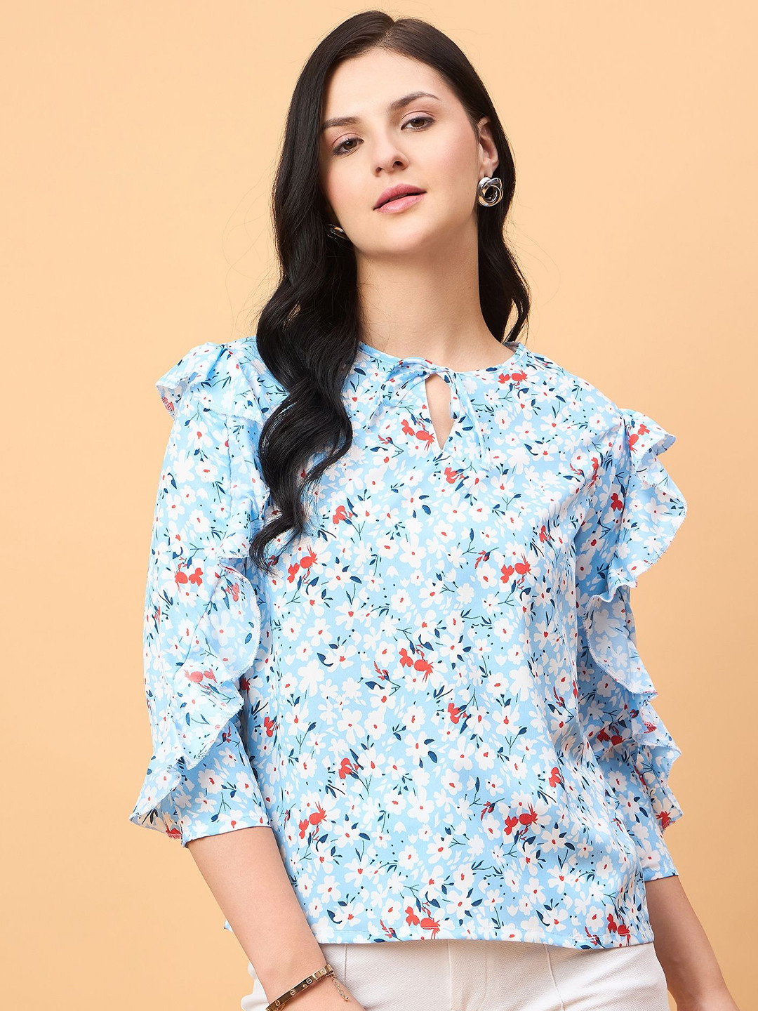 

NEESH Women Floral Printed Round Neck Top, Blue