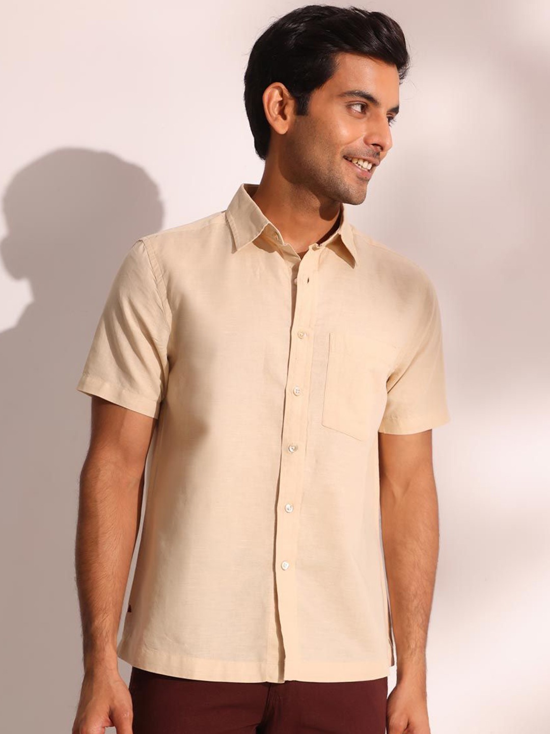 

Fabindia Men Spread Collar Solid Linen Blend Casual Shirt, Beige
