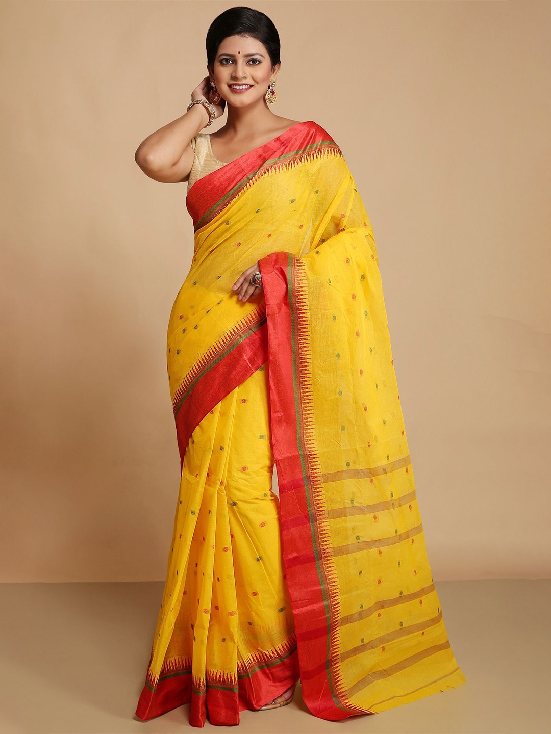 

WoodenTant Polka Dots Woven Design Pure Cotton Taant Saree, Yellow