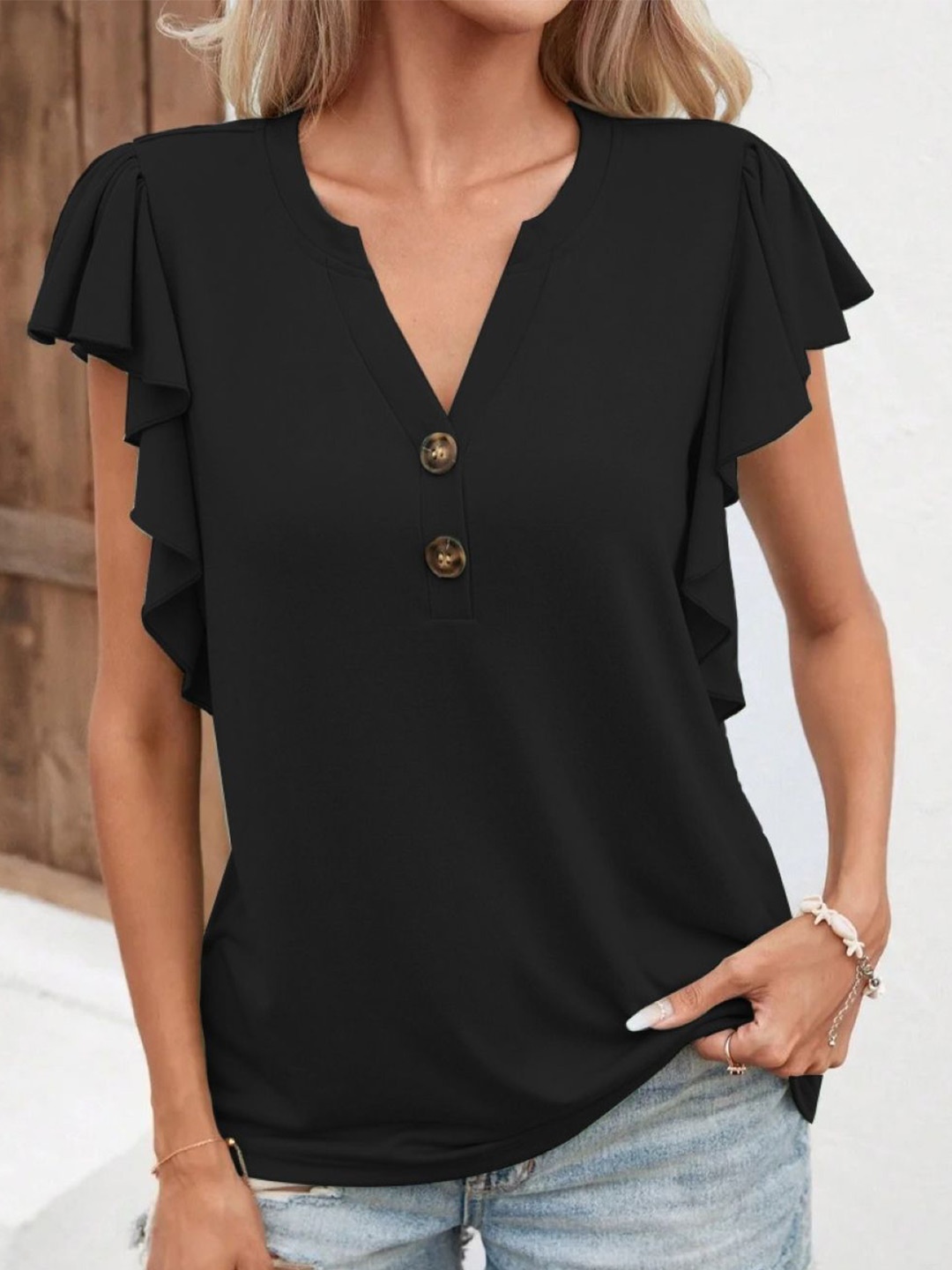 

KPOP Women Solid V-Neck Top, Black
