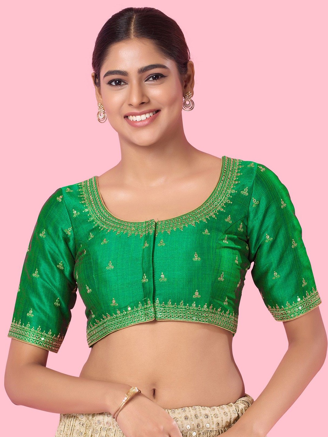 

Mmore Embroidered Round Neck Saree Blouse, Green