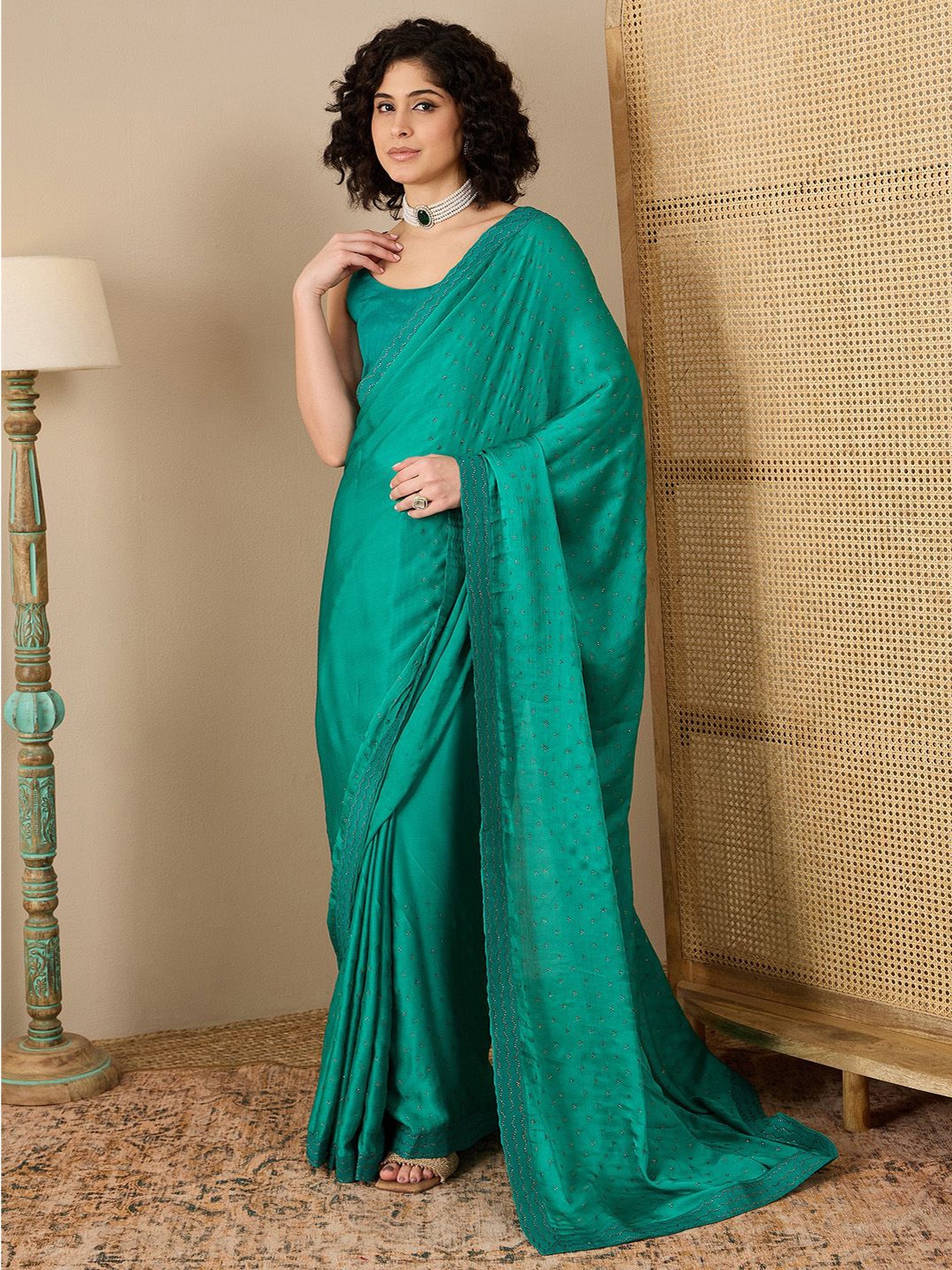 

Mitera Embellished Beads and Stones Ready to Wear Saree, Sea green