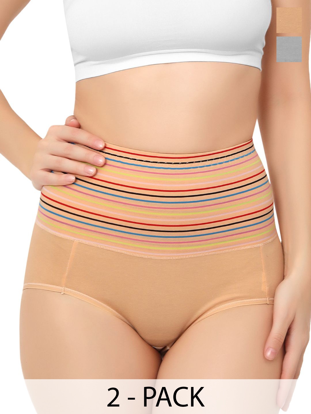 

Bella Voste Women Pack Of 2 Striped High-Waist Tummy Tucker Shaper Briefs, Beige