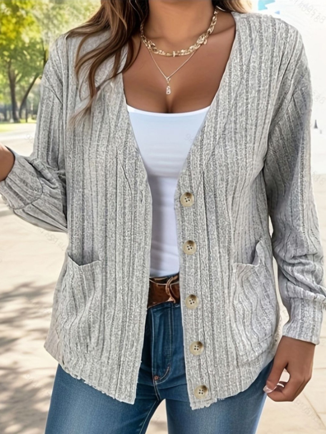 

KPOP Women V-Neck Long Sleeves Top, Grey