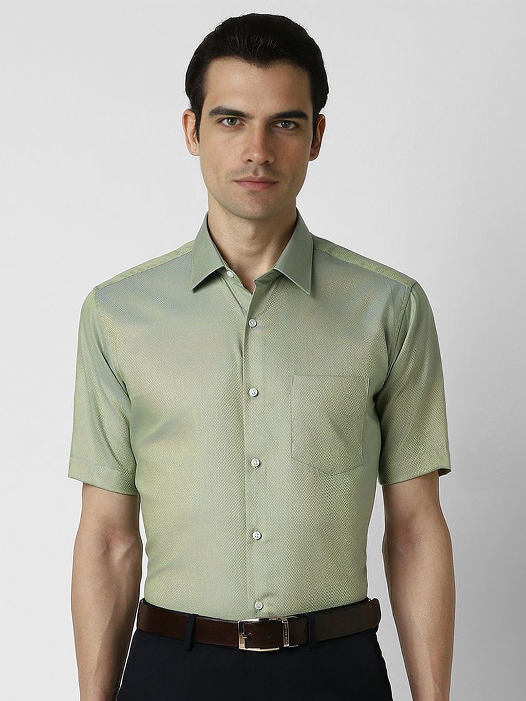 

Van Heusen Men Spread Collar Textured Cotton Formal Shirt, Olive