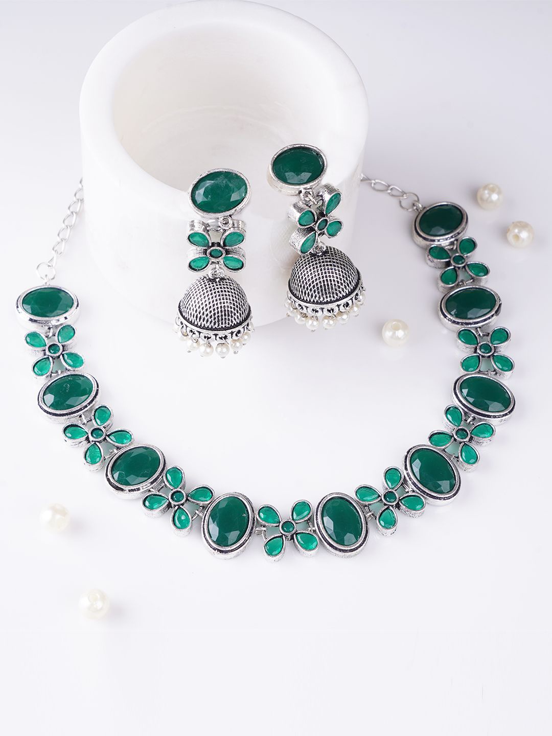 

Adwitiya Collection Silver-Plated Stone Studded Oxidised Jewellery Set