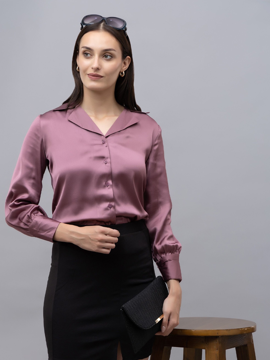 

PURYS WORKSPACE Women Classic Cuban Collar Solid Formal Shirt, Purple