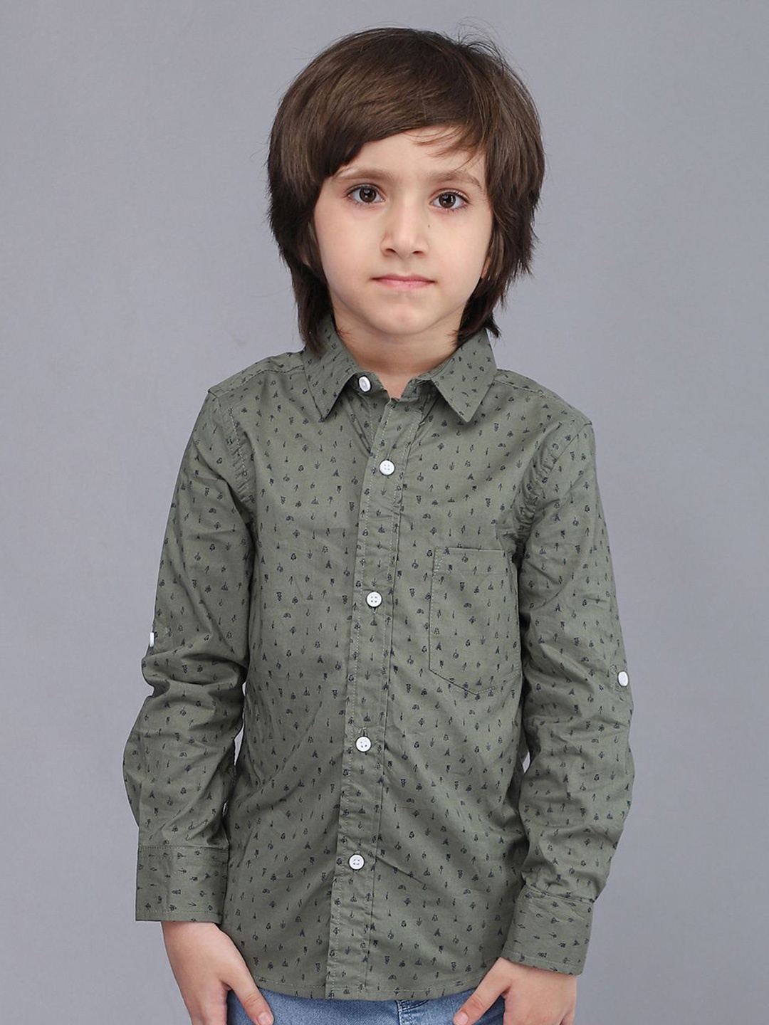 

Biglilpeople Boys Standard Spread Collar Micro Ditsy Printed Cotton Casual Shirt, Green