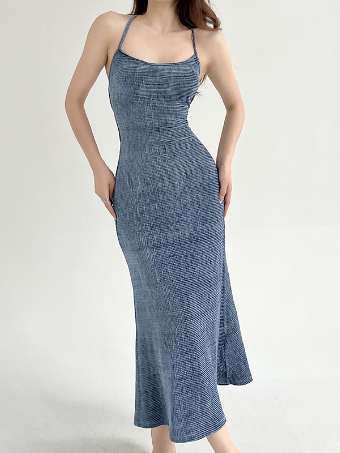 

KPOP Women Shoulder Straps Bodycon Maxi Dress, Blue