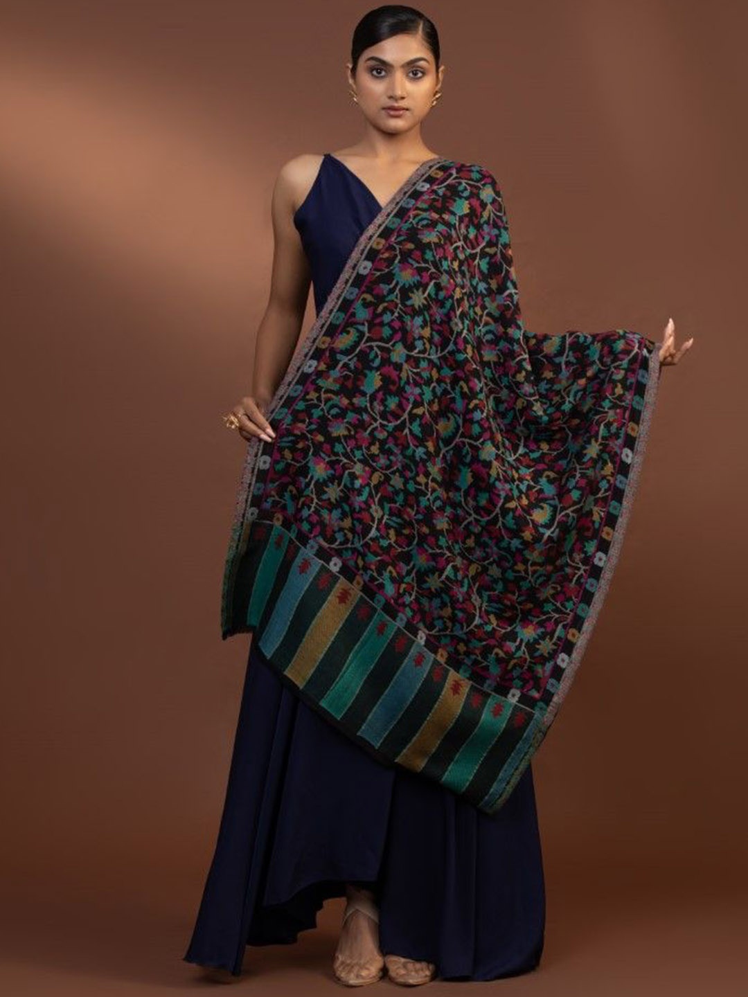 

MODARTA Ethnic Motifs Woven Design Woollen Shawl, Navy blue