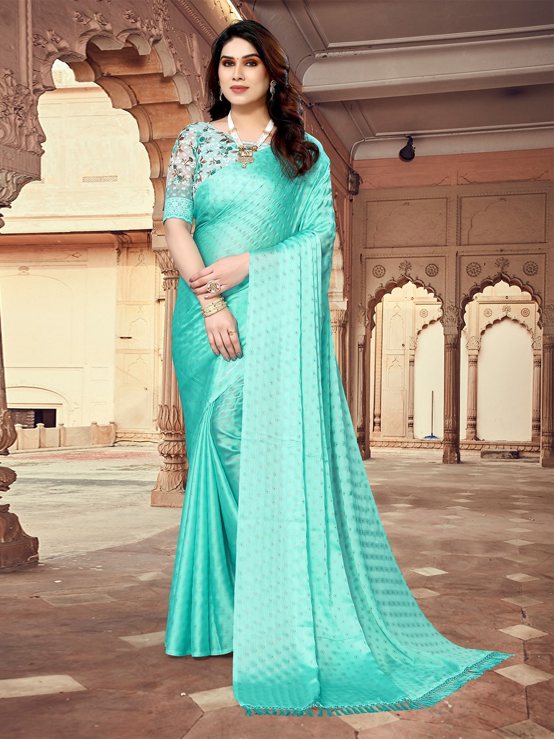 

VIRICA Polka Dot Embroidered Saree, Sea green